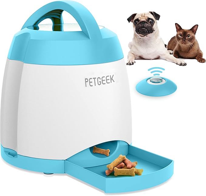 PETGEEK Automatic Dog Treat Dispenser, Interactive Dog Toys Treat Dispensing for IQ Training, Electronic Dog Puzzle Toys with Remote Control, Pet Toys to Keep Them Busy Dual Power Supply, Blue Color