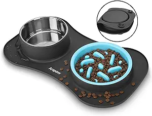 Slow Down Eating: The dog bowl set comes with a dog slow feeder, which can promote your dog's good eating habits, avoid choking, vomiting, indigestion, and bloating problems. There are some obstacles raised in the slow feeder bowl, which can increase the difficulty of eating. Effectively prolong the eating time when your dog is eating, to ensure your dog has more time to digest and keep their health.
Non-Spill Non-Skid Silicone Mat: The dog bowl mat comes with 4 anti-skid vacuum suction cups, the suction cup can increase friction with the ground to avoid pets moving, dragging, or knocking over the dog feeder bowl while eating. The slow feeder bowl mat has raised outer border that can perfectly catch the spilled food and water while your dog is eating, which will keep your floor clean and no more mess and spill.
3 in 1 Set: Anipaw slow feeder bowl set includes plastic dog slow feeder*1(15oz), stainless steel dog water bowl*1(23oz), and non-skid silicone dog mat*1. Enough most of size dog’s daily feeding needs and help your dog to develop good eating habits.
Easy to Clean and Store: This dog slow feeder is very easy to clean, you can easily remove the slow feeder bowl and dog water bowl from the dog bowl mat. And the set is dishwasher safe so you can put it into your dishwasher or just rinse with water. The non-spill mat is made of flexible and foldable silicone, so you can easily store this slow feeder dog bowl or take it to travel.
High Quality Material: The dog slow feeder set adopts high-quality material, rust resistant stainless steel dog food bowl, high-quality plastic slow feeder, and flexible silicone non-spill mat. All of them are food-grade safe material, sturdy, healthy and clean for your dog.