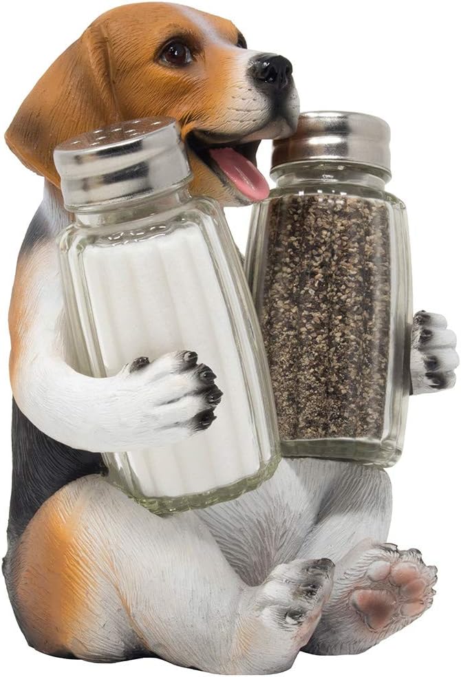 Beagle Puppy Dog Glass Salt and Pepper Shaker Set with Decorative Hound Display Stand Holder Figurine for Kitchen Counter Décor Table Centerpieces or Spice Rack Decorations As Gifts for Pet Lovers