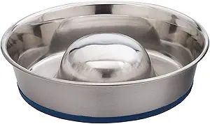 SLOW FEEDER DOG BOWL BENEFITS: A slow feeder dog bowl can help reduce choking. When eating from this slow feeder dog bowl, the solid centerpiece design causes them to eat along the edge with more mental attention, resulting in a slower feeding routine.
PATENTED SKID-PROOF BOTTOM: The DuraPet slow feeder dog bowl is a top-of-the-line design at an affordable price. To prevent skidding, a permanently bonded ring was added to the bottom. This design prevents sliding and tipping during feeding time.
SLOW FEEDER MADE OF HEAVYWEIGHT DURABLE STAINLESS STEEL: Durable, long-lasting stainless steel dog bowls offer a healthy alternative to plastic. A great alternative to snuffle mats for dogs, lick mats for dogs, and dog puzzle toys.
DISHWASHER SAFE DOG BOWLS: Dishwasher-safe for easy cleaning. Our dog slow feeder bowl dog dishes are rust resistant, hygienic, and don’t hold odors.
AVAILABLE IN THREE SIZES: Small: holds up to 3 cups of dry food, Medium: holds up to 5 cups of dry food, Large: holds up to 8 cups of dry food.