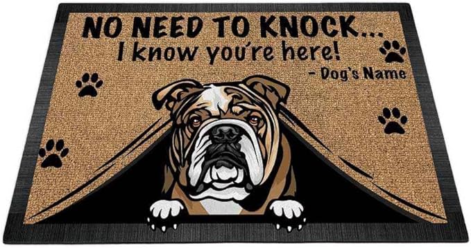 Personalized Doormat Cute Peeking Dog English Bulldog No Need to Knock I Konw You're Here 27.5 x 17.7 Inch