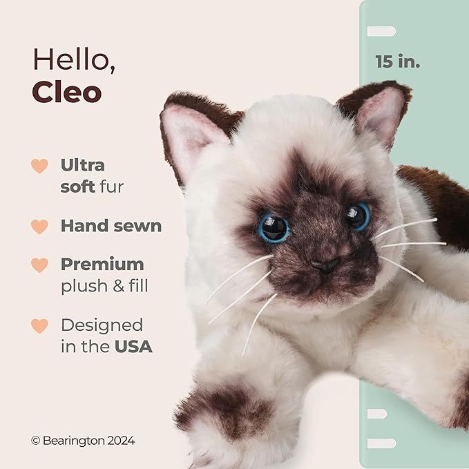 MEET CLEO: Introducing Cleo, the irresistible Siamese cat plush toy! With her features soft, velvety faux-fur that begs to be touched, while her sparkling eyes and expressive face bring her to life. With her string whiskers, you can gently stroke them and watch them wiggle. Measuring 15" long, Cleo is the perfect size for cuddling and snuggling. Whether you're a cat lover or looking for a gift, this stuffed animal cat is the purr-fect choice.
CUDDLY: Its bean bag weighted paws provide the perfect balance, making every cuddle session extra comforting. This adorable stuffed kitten is not just a toy but a huggable friend that will bring joy and warmth to your heart. Whether you're looking for a long stuffed animal cat to snuggle with or a plush companion to accompany you on adventures, Cleo is the purr-fect choice. Embrace the love and coziness with Cleo, the epitome of cuddly cuteness.