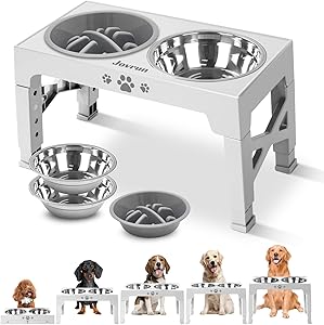 Healthy Dining Experience: The dog feeding station provides your pet with a comfortable and healthy dining position that can help aid in their digestion. Eliminating the need to have them stoop over to eat helps reduce strain on their neck and back.
5 Heights Adjustable Stand: The dog bowl stand can be adjusted to 12 inches for large dogs, 10&11inches for medium/large dogs, 9 inches for medium dogs, and 3.1 inches for small dogs. Allow a dog to feed and drink more easily without having to put its head all the way down to the ground.
Fully Equipped & Dishwasher Safe: Comes with a total of two stainless steel bowls and 1 slow feeder dog bowls. The size of the bowls is 7.8 inches inner diameter, perfect for dry kibble, wet food, treats, or water. The raised dog food bowls for large dogs are safe for easy cleaning, you can put the whole bowl in the dishwasher.
Easy to Use Anti-slip Stand: Elevated pet bowls with antislip feet make it stable and prevent sliding, offering protection for your floors also. Noise-free rubber rim for your dog to enjoy quiet dining. Fold and store the legs with a simple push of a button after use.
Great Gift Choice for your petty dog: Our dog food bowls elevated have 5 heights adjustable stands for dogs of all sizes, adjustable Elevated Dog Bowls can grow with your dog from puppy to senior. Believe that your puppy will be very happy to receive this wonderful gift!