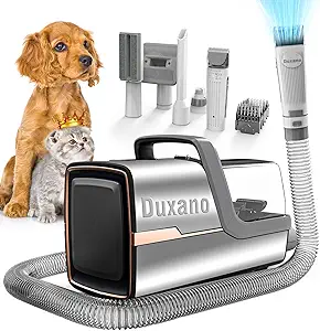 【5-Year Guarantee】Enjoy a 5-year replacement or refund policy for your pet grooming kit. We've got you covered, even if you happen to miss Amazon's return window. Your satisfaction is our top priority, and you're always our first concern.
【Powerful Suction】 Featuring a brushless motor, the DUXANO Dog Grooming Kit delivers an impressive 15,000Pa suction power in MAX mode. Effortlessly capture every bit of pet hair, debris, dust, and more with ease
【Durable Stainless Steel】Crafted from robust stainless steel, our Pet Grooming Kit stands the test of time, outlasting its plastic counterparts. Backed by our confidence in its durability, we proudly provide a 5-year warranty for this superior product
【Low Noise Dog Hair Grooming Kit】This dog grooming kit boasts a low-vibration, ultra-quiet design, emitting only around 50 dB of noise during operation. Ensure your pet's comfort throughout the grooming process without causing any distress.
【Adjustable Settings】 Customize the grooming experience with adjustable settings, allowing you to choose the right level of suction and power for your pet's comfort.
【Easy to Clean】The vacuum kit is designed for hassle-free maintenance, with easy-to-clean components that make post-grooming cleanup a breeze.
【Perfect Pet Salon at Home】Transform your home into the perfect pet salon with our Dog Clippers Grooming Kit, equipped with 7 essential tools: grooming brush, de-shedding brush, electric hair clipper with 6 guard combs, pet trimmer, nail grinder, nozzle head, and cleaning brush. Easily give your pet a fresh look without the need for a trip to the grooming salon.