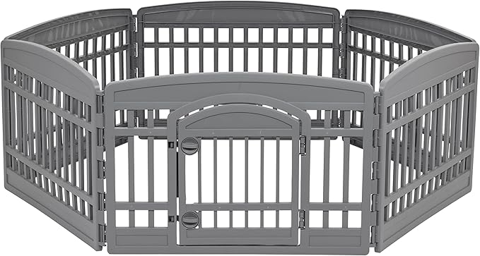 Pet pen provides a safe, secure enclosure for pet play or exercise; suitable for indoor or outdoor use
Includes a 6 panel, dark gray, pet exercise playpen made of durable commercial-grade molded plastic
Panels can be positioned to create different shapes, depending on needs
Hinged, lockable door for easy in and out access; 2 knobs on the door panel securely snap together to lock
Non-skid rubber feet protect floors from scratches
Portable design offers take-along convenience
Easy to assemble and store
Product dimensions: 60.8 x 60.8 x 23.8 inches (LxWxH)