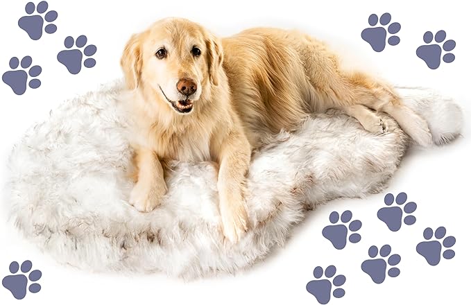 PupRug Orthopedic Dog Bed for Large Dogs with Fluffy Soft Faux Fur and Memory Foam for Joint Pain Relief, Machine Washable and Waterproof Couch Bed, White with Brown Accents, Large/Extra Large