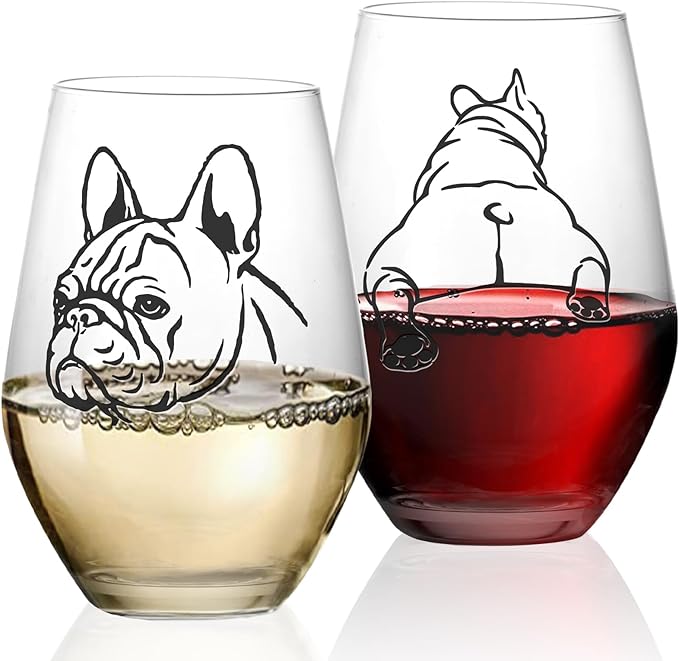 French Bulldog Wine Glasses Set 2 - Funny&Cool Bulldog Puppy Dog Gifts for BullDog Lovers,Owners,Couples,Him,Her,Father,Mother with bulldog onBirthday,Anniversary18.5oz