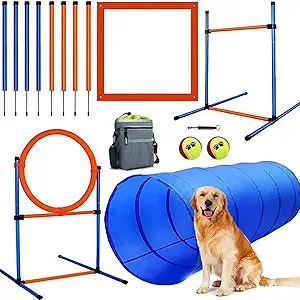 UNIQUE & HEALTH: Running, jumping, playing, and most of exercising for maximum dog agility. Whether training for competition or just for fun, you should own this dog agility equipment kit to build trust with your pets and keep them healthy!
PREMIUM & STURDY: This dog agility course is made of ABS material, safe and sturdy that can be used in the park or backyard. Its collapsible tunnel is made of 190T tear-resistant polyester, even if scratched by the paws, there will no large-scale damage!
LIGHTWEIGHT & EASY INSTALL: The agility training equipment for dogs is easy to set up and take down without tools in just minutes! It is lightweight for carrying to the outdoor or the indoor big stage. The convenient dog treat pouch will easily store training treats and your stuff when training or walking the dog!
FUN & CREATIVE COMBINATION: Perfect for dogs that sharpen obedience, speed, and dexterity; JMMPOO dog obstacle course has everything supplies you need to get going and is recommended for (small/ Medium/ large) dogs of any age! What a great way to spend time with your pet!
GREAT GIFT IDEAS: This fantastic doggie agility set is a great gift idea for young and old dog lovers! It included an agility tunnel, 8 weave Poles, adjustable agility hurdle, jump rings, a square pause box, a whistle, 2 pet tennis ball toys,1 dog treat pouch and 2 carrying cases!!
JMMPOO PET dog supplies were developed by professional cynologists as innovative training tools for dogs. Setting up this obstacle training course for your dog is quick and easy! We provide 24 hours online service support and provide you with a quality shopping experience!
Running, jumping, playing, and most of all exercising for maximum dog agility, and don’t forget to have fun with little cutes! ! Also great for puppy training classes + dog trainer approved! ! Start purchasing it and gain other surprises!