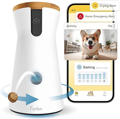 Furbo 360° Dog Camera + Nanny Bundle: Home Security & Dog Safety Alerts, Rotating Pet Treat Dispenser Camera with Speaker, Smart Home Indoor Cam w Phone App (Additional Subscription Required at Setup)