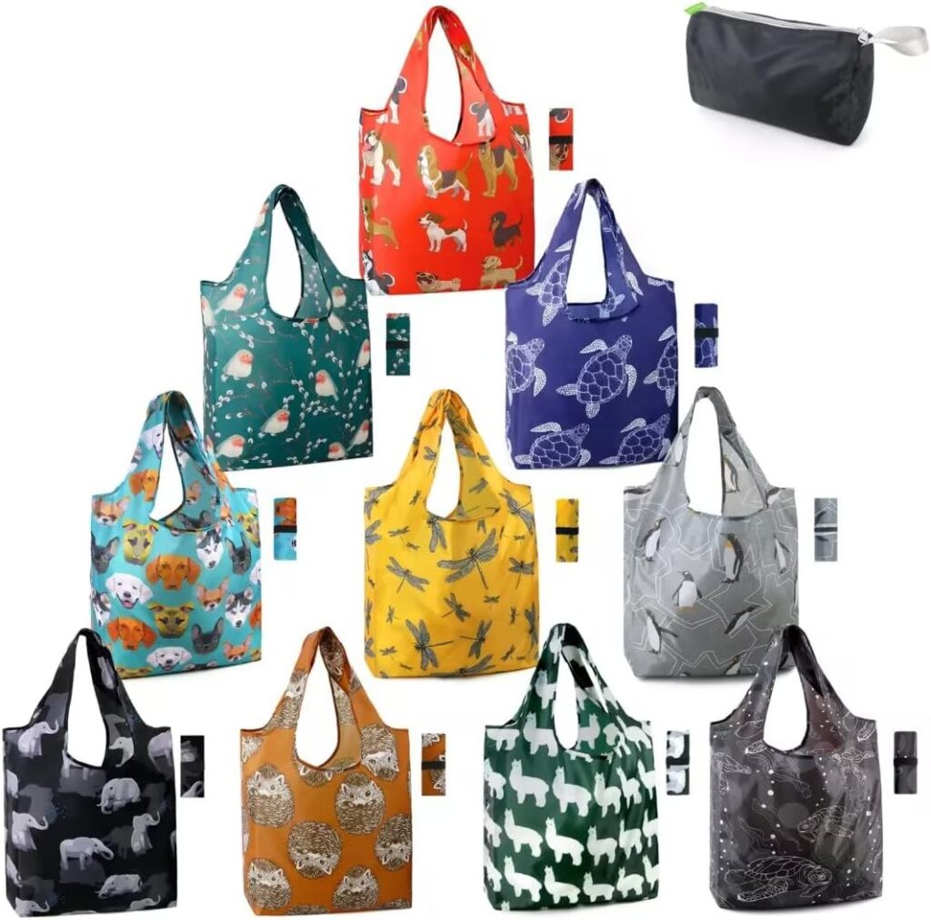 FASHION LIFE WITH UNIQUE ANIMAL PRINTS BAGS: Our reusable shopping bags available in 10 different animal patterns, suitable for both men and women. Unique animal designs will be fashionable for daily use, and when grocery shopping, you can designate different animal prints bags for different things. Also, pretty cute prints are perfect as gifts for Party Mother's Day. Give reusable bags to your friends and family will inspire them to go plastic-free!
X-LARGE CAPACITY & DURABLE: Our large animal reusable shopping bags can hold over 50 Lbs or 2-3 plastic grocery bags of stuff. All reusable grocery bags are made of high density polyester fabric which is lightweight yet sturdy and all seams are reinforced with bias tape which makes reusable bags strong enough to pack heavy groceries, like canned goods, gallons of milk. Long shoulder straps are convenient for carrying bags from the car to the house.
EASY TO FOLD AND STORE: Our washable reusable shopping bags can be easily wrapped into a small roll which takes up hardly any space that can easily fit in a backpack, purse, coat pocket, or the glove box of the car. Just fit them back into the separate zippered carry pouch, then you will always have reusable shopping tote bags with you for unplanned trips.
MACHINE WASHABLE: You don't have to worry about reusable bags becoming unsanitary because they are machine washable and dry quickly. Toss them right into the washing machine to save time!
REUSABLE: You can help to reduce your impact on the environment by using reusable tote bags. The patterns elephant alpaca birds dogs penguins dragonfly turtle are good gift choice for animals lovers.