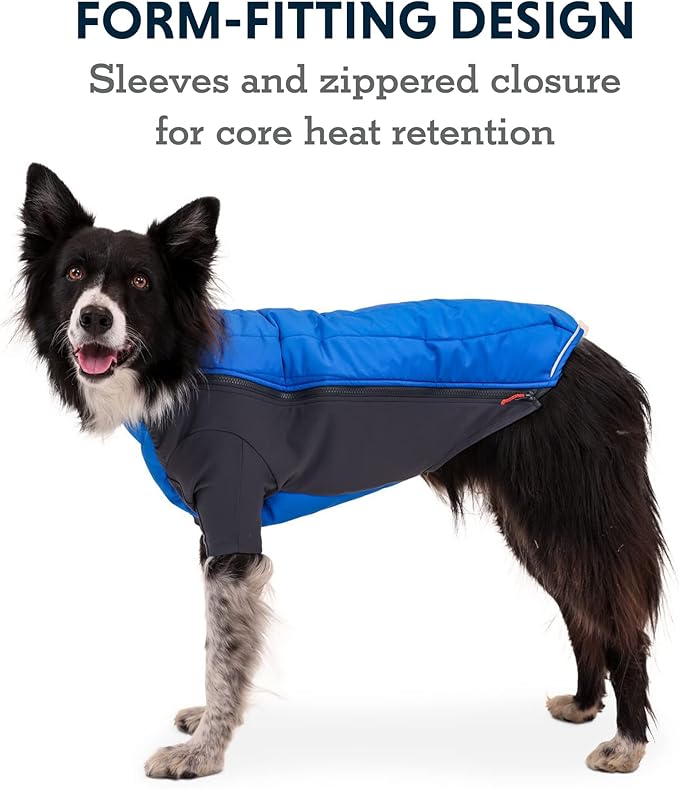 Hybrid jacket: A winter jacket with the warmth of synthetic insulation and the range of motion of technical stretch fabric; Ideal for cold weather activities
Weather resistant: Polyester shell fabric with Durable Water Repellent sheds light moisture and snow; Recycled 250 g high-loft polyester insulation keeps your dog warm
Sleeved style: The sleeved design provides more coverage and more warmth; Lock in heat while maintaining freedom of movement with our articulated stretch StormSleeves
Performance fit: Nylon-spandex blend with four-way technical stretch offers full range of motion; Full-length zipper for snug, streamlined fit; Insulated back and belly panels for core warmth and comfort
Reflective trim: Reflective accents for visibility in low-light conditions; Integrated light loop at the back of the neck for attaching The Beacon light (sold separately)