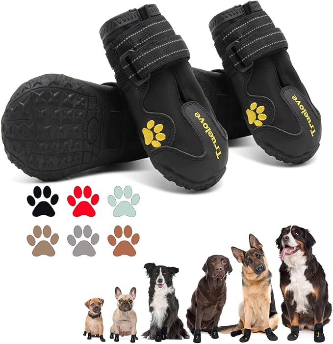 Size 7: 2.95"x2.99" (L*W) for 63-75 lbs. Great for Golden Retriever, Labrador, German Shepherd, etc. Please measure the size correctly by checking the video guidance before purchasing.
Measurement Instruction: Place and press down the paw on a piece of paper, mark the width and length of the paw and measure the distance. Please follow our video guidance carefully.
Selection Guidance: These size data are boots inside dimensions, and we recommend to choose size according to the width. If your measurement between 2 sizes, please choose the larger one.
Superior Material: Reflective material and skid resistant design provide visibility and safety at night, and waterproof material can keep the paws of your pet dry in rainy day or snowy day.
Comfortable Wearing: Flexible lug design and grooved sole give your dog better control as well as better protection, and the two fasteners straps make the shoes easy to put on and take off.