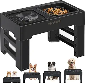 IDEAL FOR ALL GROWTH STAGES: URPOWER elevated dog bowls is well-designed with four different heights to grow with your dog from puppy to senior. The dog bowl stand can be adjusted to 3.4-inch, 8.1-inch,9.7-inch and 11.3-inch
SLOW DOWN EATING: The professional slow feeder dog bowl effectively controls the eating speed and prolongs the feeding time of the pet, so as to improve digestion ability and reduce the probability of obesity
SLOW WATER FEEDER: Deigned with floating disk, URPOWER no spill water bowl slows down the pet’s drinking speed, thus to avoid chocking and splashing, also keep the pet's fur dry
RELIEVE NECK AND JOINT STRAIN: : This raised dog bowl effectively reduces stress on neck，joints and spine. And it also helps promote healthy digestion by providing comfortable height for access to food and water
EASY TO USE & STORE: This dog bowl with stand features an innovative one-piece design that can be adjusted to different heights by simply adjusting the buttons. In addition, the foldable legs make it easy to store and carry