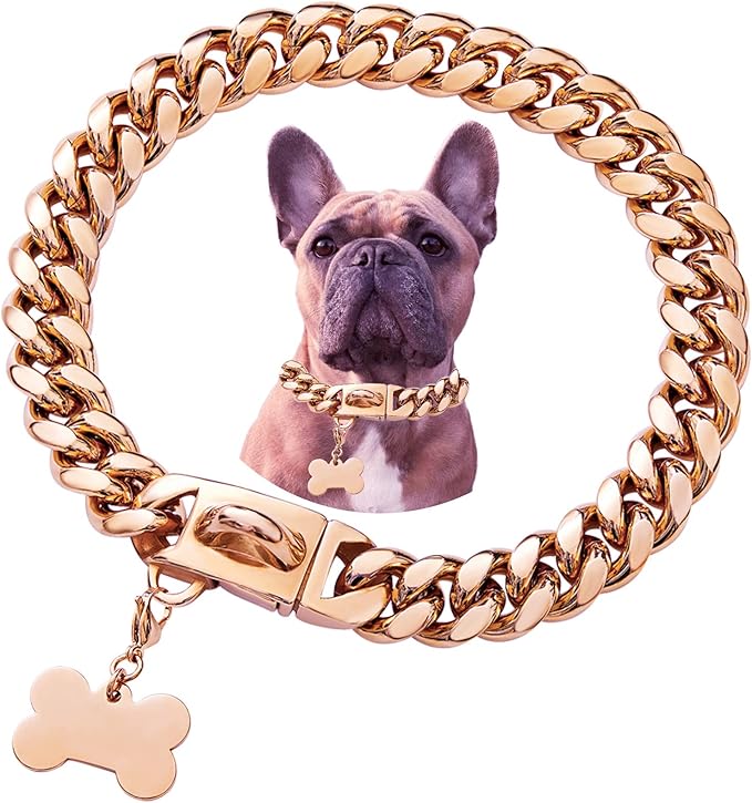 Stainless Steel Dog Collar, Cool Charm Bulldog Jewelry Necklace, Waterproof Rose Gold Black Silver Heavy Duty Curb Cuban Dog Collar