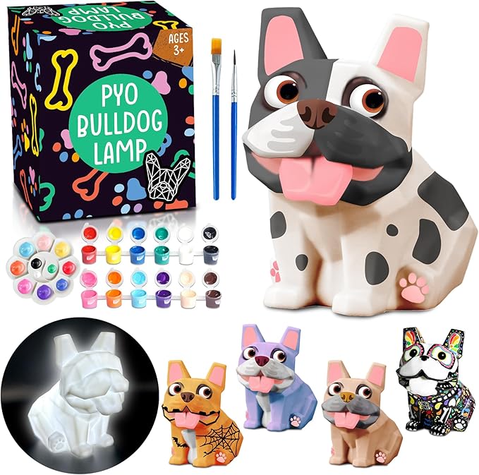 🐶【All-in-One Arts and Crafts Kit for Painting Your Own Bulldog Theme Lamp】FUNBO bulldog lamp painting kit provides everything you need and bring your dog lamp masterpiece to life. Comes with art supplies, a white dog lamp and gift-ready packaging, your artistic journey begins effortlessly. Batteries are included, ensuring your dog lamp glows for an extended period, and enhancing the enchantment of your creation.
🌈【Unique Geometric Project is More Suitable for Kids Painting Own Style】The geometric surface of FUNZBO dog crafts lamp makes it easier to paint and allows for better control of the painting area, even for noobs. Just follow your own unique patterns with color mixing, brushing, sponging, stippling and more, for exciting and daring art projects.
🐶【PYO Dog Lamp is Part Creative Craft, Part Functional Piece of Artwork】Simply this delightful dog lamp with different colors, and light it up through the bottom switch, then set it out to as part of your everyday home decor and as a bedside night light. Let you create the perfect ambiance for any occasion. Perfect for children aged 8-13 and adults who have a passion for creative activities.
🌈【Safe, Non-toxic & Washable Painting Kit with CPSC Tested Report】Let your artistic flair fly without worrying about making a mess. FUNZBO washable painting kit for kids will ensure you don't ruin clothes or furniture when get creative. This arts and crafts set has gone through extensive toxicity tests to make sure every component is safe for you and your kids to use. Enjoy painting fun is important but safety always comes first.
🐶【Fun for All Ages, Ideal Toy Gift for Kids and Adults】This DIY dog lamp craft set can be painted with Novel Design Style anytime you wish, so you can customize it for Children's Day, Halloween, Christmas and other favored occasions. What a perfect customizable gift idea for the arts & crafts lovers in your life! Great for arts and crafts for kids ages 8-12 & adults & school projects.