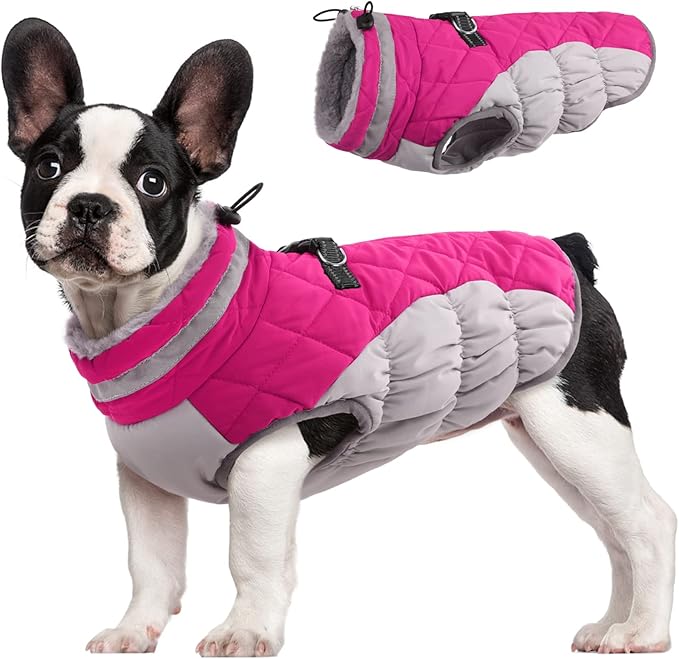 7 Sizes Available:XS, S, M, L, XL, XXL, XXXL This dog winter coat fits for nearly all kinds of breed furry friend. Such as Chihuahua, Beagle, Poodle, Bulldog, Schnauzer, Labrador, Golden Retriever, etc. FUAMEY dog jacket perfect for daily wear
Snow & Wind Resistant:Dog jacket is just the right amount of coverage to keep dog warm. The FUAMEY dog winter jacket thick fabric can prevent your pup from getting wet on a foggy day, even raining or snow this material still can well keep your pup warm
Zipper On The Back - Easy On:Dog snow jacket with zipper on the back and harness built in.The zips have been upgraded and are now very durable.Back harness allows for easy access on the go
Thickened Protection:Winter dog coat thick collar,silky smooth and soft touch, fluffy and warm feeling, The dog jackets turtleneck design can protect the dog's neck in cold weather. There are adjustable elastic straps on collar ro prevent wind and snow
Reflective & Versatile: dog winter coat reflective strip for additional visibility and add the security when your dog walk at night,outdoor or travels.Under low light environment,reflective article is visible,more safety