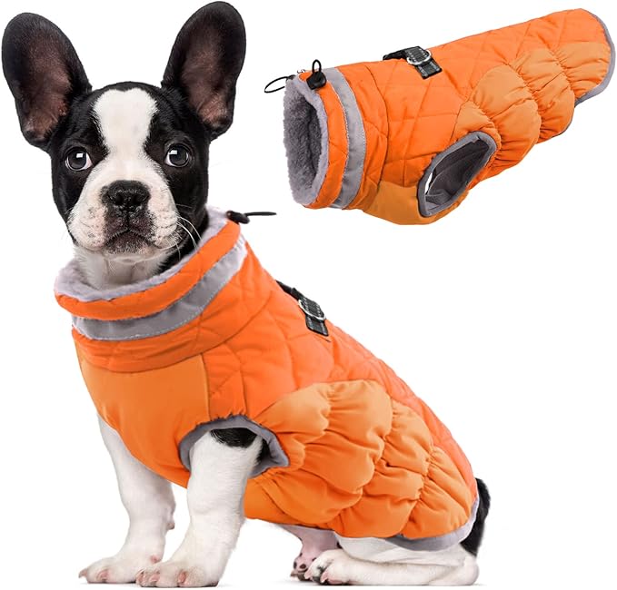 COMFORTABLE & WARM DOG VEST JACKET: This dog winter jacket is made of high-quality water-resistant fabric with fleece lining. The windproof dog fleece vest can keep your dog warm when outdoors. It is suitable for indoor and outdoor activities
REFLECTIVE DOG COAT WITH HARNESS BUILT IN: There is a reflective strip on the neckline of the small dog coat, which can position your dog in the dark and keep them safe. There are two D-rings on the back, which can be attached to a leash or poop bag
PLUSH TURTLENECK LARGE DOG COAT: The thick and soft fur collar is soft to the touch. The turtleneck collar can protect the dog's neck in cold weather. There is an elastic drawstring on the collar that can adjust the tightness and prevent wind and snow
CREATIVE DESIGN: The back zipper closure is not easy to jam the dog's hair. The elastic band on the abdomen will not let your dog have a sense of oppression, with thickened edges on the cuff, which will not hurt the dog due to pulling. Machine washable
IDEAL DOG COLD WEATHER COATS: The dog clothes have thirteen colors and seven sizes (XS-3XL)to select, almost suitable for all breed dogs, such as Yorkie, Shih Tzu, Boxer, Border Terrier, Great Dane, Labrador, Pitbull, Bulldog, Doberman, etc