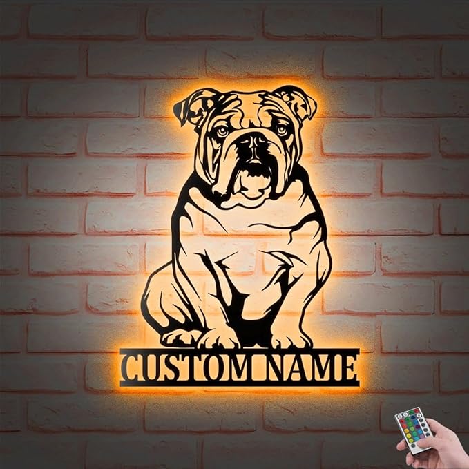 Metal Sign Custom English Bulldog Dog Sit Wall Art With LED Lights, Personalized Name Sign Decoration For Home, Dog Home Decor