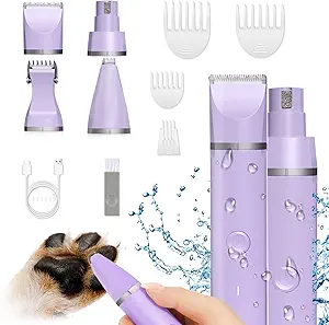 4 in 1 pet hair shaver:this pet grooming kit Very light weight, easy to carry. with 4 replaceable cutter head attachments — standard cutter head,narrow cutter head,small(details) cutter head and nail grinder head. Switchable at will. Can shave your pet's feet, belly,face & legs,around the ears,any difficult areas. accommodate a full-body hair clipping on small and medium dogs or cats
Built-in Rechargeable Batttery:It can be used cordless and corded, and the convenient USB charging design allows you to trim your pet anytime, anywhere, making your pets love grooming! After charging for 5 hours, the dog clippers can be used continuously for 80 minutes. With a cordless pet shaver, you will never be bothered by changing batteries or boring wires.
Low Noise & Low Vibration:Usually a part of pets get stressed and uneasy by the sound and the vibration of the pet clippers. But our pet grooming tools are only about 46 db when they work