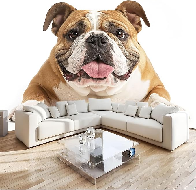 Wallpaper Murals for Living Room W79 x H55 Animal English Bulldog TV Background Sofa Wall Murals Decoration, White Art Wall Mural for Bedroom, Dinning Room, Home Decor (Not Self Adhesive)