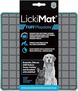 REDUCES ANXIETY, BOREDOM AND DESTRUCTIVE BEHAVIOR – LickiMat helps calm and soothe your pet by promoting licking and releasing endorphins. Great for stressful times like thunderstorms.
LICK MAT DISTRACTION AND ENTERTAINMENT: LickiMat will be your dog’s best buddy when you need quiet time, peace when you have guests or whilst on a video call. Keep pets entertained by giving them their favorite spreadable treats. Few calories – many minutes of healthy distraction. Check out our website for more recipes.
New TUFF series: Chew-resistant, non-slip rubber feet and 100% dishwasher safe. Same soft Authentic LickiMat rubber surface for pleasurable licking action and healthier teeth, gums and fresher breath. Gentle on your pet’s tongue. The tough LickiMat. Developed and recommended by Vets.
SLOW FEEDER & TRAINING AID: LickiMat works with all manner of treats and foods to promote slower eating, reduce bloating and stop gulping. Foods and treats range from yogurt, peanut butter and spreadable treats, raw, wet, dry and liquid foods, allowing your pet to enjoy just a small amount of food over a longer period. Used by dog trainers worldwide in positive training. Perfect for crate training too.
ENVIRONMENTALLY FRIENDLY AND SAFE: Silicone free, recyclable and made out of human grade rubber. The hard base of the TUFF is better suited for puppies or known chewers. PLEASE SUPERVISE YOUR PET DURING USE. PLEASE REFER TO TRAINING NOTES ON WEBSITE. THIS IS NOT A CHEW TOY. Licking, Lick Pad, Snuffle Mat.