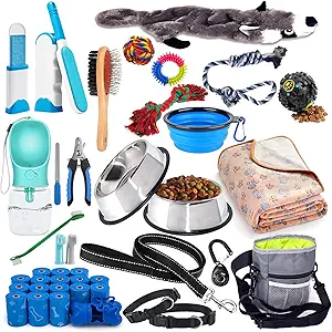 Puppy Supplies Starter Kit - 39-Piece Set of Puppy Essentials and Dog Stuff. Includes Dog Leash, Toys, Bowl, Brushes, Water Bottles,and More. Perfect Welcome Home Gift for Your New Puppies

AVE TIME - This is a suite of small and medium dogs that are very suitable for beginners of keepping a dog.No need to spend a lot of time to pick and choose from dozens of pages of products.We have selected good and necessary products for you and your puppy
CONVENIENT - Dog Toys/Dog Bed Blankets/puppy grooming supplies/Puppy Training Supplies/Dog Leashes Accessories/Feeding & Watering Supplies.Feed to poop, sleep to wake.We have it covered! Items vary and a unique, surprise item is included in every kit
A GREAT GIFT - Great gift idea for new pet parents | puppy kits are a great gift for friends & a great welcome home package for puppy
SUPER VALUE PACK - 39 in 1 puppy daily essential kit.Contains: a pet blanket | a dog leash | 2 collar | 2 steel dog bowl | a pet grooming brushes | a dog nail clippers | a dog travel bowls | 7 dog toys | 3 toothbrush | a dog treat pouches | a dog hair removal brush | a dog water bottles | 16 roll garbage bags (120 waste bags in total)
NO HARMFUL PRODUCTS - Our Kit does not have anything that could potentially hurt your dog, since we choose the safest material.Feel free to contact us before or after your purchase with any questions or confusion, we guarantee the refund or replacement within 30 days