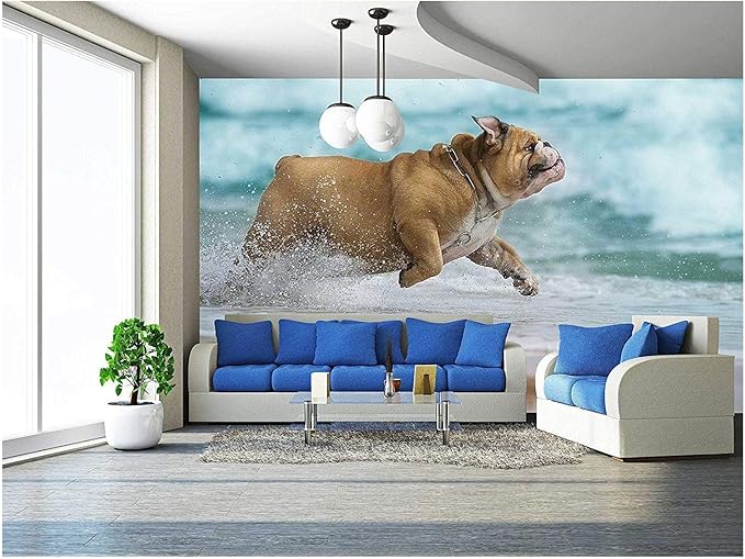 wall26 - Happy Dog Bulldog Running at The sea - Removable Wall Mural | Self-Adhesive Large Wallpaper - 66x96 inches