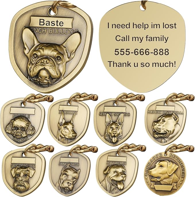 3D Embossed Pure Copper Dog Tag, Dog Tags Engraved for Pets Personalized, Original Dozens of Dog Breed Patterns, Resistant Bite and Wear and Scratch, No Deformation (French Bulldog)