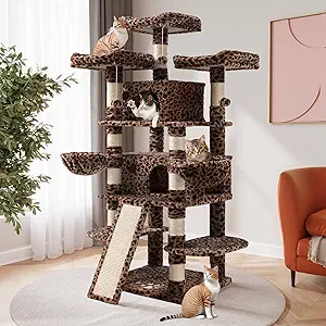 Perfect to Scratch: Every scratching posts are lined with natural sisal ropes which is perfect to scratch and sharpen cats claws
Warm and Comfortable: Soft and warm lounging spots offer your cat a comfortable rest and sleeping
Multi-Level to Relax: The level structure is designed for more than one cat to play at the same time, for only one cat, it's an amusement park
Solid and Stable: The cat tree is made of high-quality particle board with a plush covering, and the strengthened base is strong enough to support 33 lb
Room Design: The cat tree also can make your room rich and cute, not only for cats but also for room design