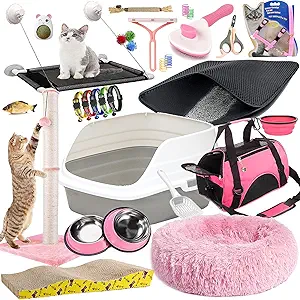 😺SAVE TIME - This suite of new cats and kittens is perfect for those just getting into owning a cat. There's no need to spend lots of time sifting through dozens of pages of products; we've already selected good and necessary products for you and your cat. Our kitten kits for new owners have all the essentials and tools every new cat needs
😺SUPER VALUE PACK - 30 in 1 cat daily essential kit. Contains: a cat litter box, a cat litter mat, a cat bed, 2 steel cat bowls, a pet grooming brush, 10 cat toys, a pet hair removal brush, a cat harness and leash, a cat nail clipper, a cat carrier, 5 cat collars, a cat window perch, a cat travel bowl, and a cat scratch pad
😺HIGH-QUALITY COLOR MATCHED - Pink cat collar and leash set, cat bed, and cat carrier. These are perfect for the girl kitten starter pack, and cat necessities, at home or when traveling with your kitten. The high-quality color matched cat supplies are designed for comfort, fun, convenience, and value
😺GREAT GIFT CHOICE - We've studied hundreds of cat products to offer you the most functional and fun cat essentials, great for new pet parents, whether it's for yourself or your beloved ones
😺NO HARMFUL PRODUCTS - Our kit does not contain anything that could potentially harm your cat, as we have chosen the safest materials. Feel free to contact us before or after your purchase with any questions or confusion; we guarantee a refund or replacement within 30 days