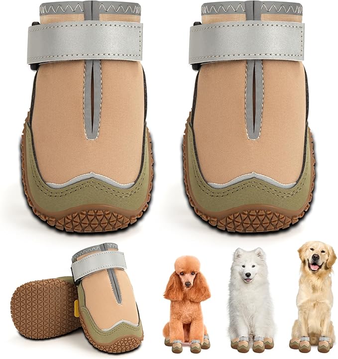 Size 7: Width 2.55 inch for 63-78 lbs. Great for Rottweiler; Medium Golden Retriever; Large Samoyed; German Shepherd; Cane Corso; Labrador etc. Please refer to the picture size chart, choose the right size for your puppy
Trail-ready dog boots: Protect their paws from whatever the trail throws at you; These boots are ideal for backpacking, hiking, mountain biking, trail running, and any other outdoor adventures
All-season comfort: Made from skin-friendly breathable nylon fabric; soft on paws, making these dog booties suitable for indoor and outdoor use in hot, cold, wet, or dry conditions; effectively shields paws from sharp thorns, hot pavement, stones, and glass
Customizable fit: These dog shoes feature long, adjustable straps for a snug, secure closure; they’re designed to prevent slipping off, ensuring a perfect fit every time
Nighttime safety: Equipped with reflective straps and lines, these dog shoes enhance visibility in low-light conditions; keeping your dog safe and visible during nighttime walks