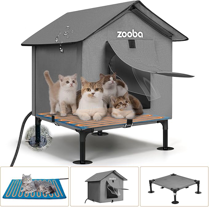 Heated Cat House in Winter - Equipped with a plug-and-play heating pad that automatically warms with the environment at a comfortable temperature for cats. Heater meets UL testing standards, 100% waterproof construction and a 79-inch chew-resistant cord to provide safe and reliable warmth for outdoor cats.
Insulated for Maximum Warmth - This insulated outdoor cat house is lined with thick insulating cotton, while a 6-sided layer of aluminum foil indoors allows for optimal heat circulation. Ensure your critter stays warm and cozy in the nest even at -4°F.
100% Weatherproof Cat Shelter - Ground Stakes, Overhanging Roof, Double Layer Door, 6-inch Elevated Base effectively prevent rain from entering the house. Ensure the feral cat house can withstand all kinds of harsh weather, so your cat always has a dry home.
Spacious Dual-Entry Design - The Large outdoor cat house offers a roomy 18"x 21"x 19" interior, ideal for large cat breeds like Ragdolls and Maine Coons. The practical dual-door layout ensures hassle-free entry for your pets and is also suitable for small dogs. Perfect for multiple pets seeking a shared sanctuary.
3-IN-1 Design - Zooba Elevated Heated Cat house can be split into 3 separate individuals to be used separately: Elevated Cat Bed, Cat House, and Heated Mat. It can meet your needs of placing the pet house in various scenarios such as indoor, barn, garage, field, etc. as well as various seasons of use.