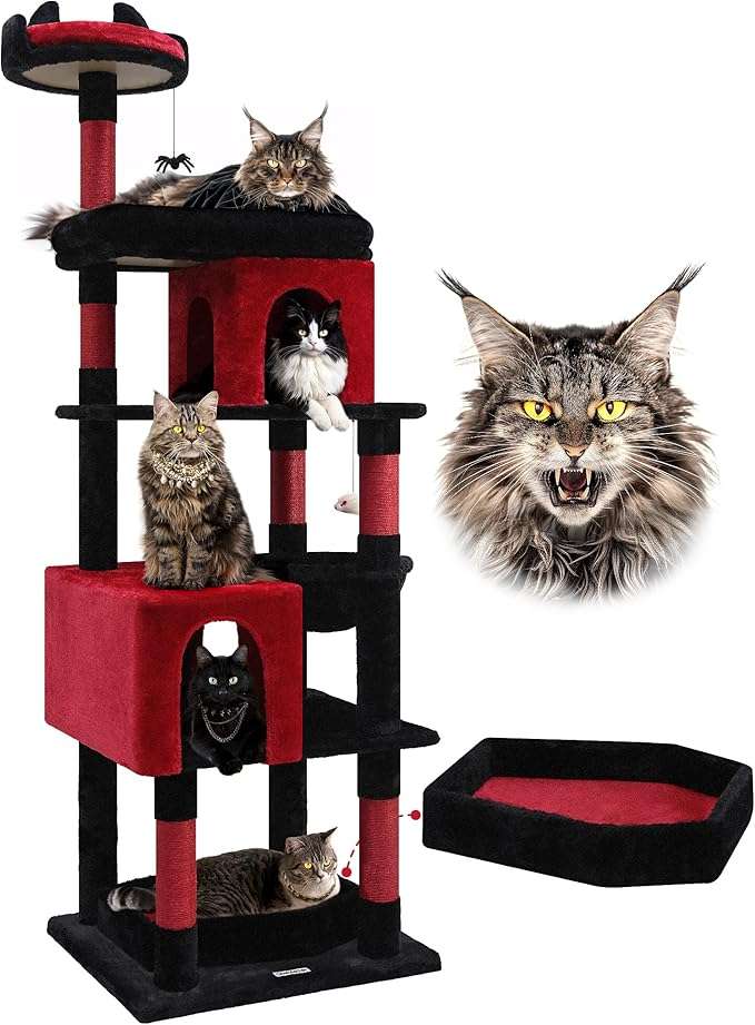 GOTHIC CAT TREE: This eerie yet elegant goth cat tree tower is cloaked in a mysterious black velvet with blood-red accents, adding a touch of nobility and mystery to your living space, becoming a unique statement piece that complements your home decor.
ENHANCED STURDY STABILITY - The thickened and enlarged base board ensures enhanced sturdy. The unique design provides the center of gravity, which is precisely centered, making it difficult for this tall cat tree tower to tip over even during movements by large cats.
OVERSIZED PADDED PLATFORM - This large cat tree for big cats features an extra-large platform (21.7"x 11.8"), enlarged by 83%, allowing adult large cats to enjoy their rest in this spacious and cozy area comfortably.
2 CAT CAVES, 2 Styles - Equipped with two cat condos. The large cat condo provides cats with a private resting space. The high-level condo serves as a 'lookout' tower, allowing discreet observation of the surroundings.
BONUS INDEPENDENT COFFIN PET BED- Featuring a separate coffin bed(18.5"x 13.8") that is not only suitable for cats but can also be used independently. it can be placed under the cat tower or in your cat's favorite spot. It is also suitable for multi-pet households, allowing other pets to enjoy its benefits.