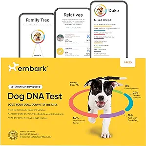 BREED IDENTIFICATION: Embark screens for over 350 dog breeds. Using a research-grade genotyping platform developed in partnership with Cornell University College of Veterinary Medicine, Embark offers the most accurate breed breakdown on the market.
DISCOVER YOUR PUP'S RELATIVES: Find and connect with your pup's family through the world’s first canine relative finder. Over 90% of dogs tested by Embark have a close relative, like a cousin, and 12% discover a direct family member.
EXCELLENT SERVICE & FAST RESULTS: Have a question about your results? Just talk to one of our dedicated vets or geneticists. Embark generally delivers results in 2-4 weeks and keep you updated every step of the way. Embark kits are best used by the date printed directly on the swab to ensure DNA extraction goes smoothly. In the event of a swab that exceeds its best by date or a DNA sample failure due to materials, Embark support will provide a fresh swab upon purchase verification.
SUPPORTS DOG HEALTH AND WELFARE: Embark is partnered with Cornell University College of Veterinary Medicine and other researchers; Each test purchased contributes to finding and treating genetic disease in dogs; Purchases also support Embark's Old Dogs, New Homes initiative which helps find new families for older dogs in shelters