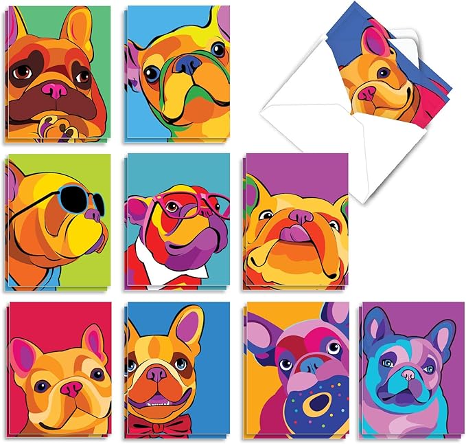 The Best Card Company - 20 Bulk Dog Note Cards Blank (4 x 5.12 Inch) - Adorable Pet Puppy Notecards (10 Designs, 2 Each) - Bold Bulldogs AM3499OCB-B2x10