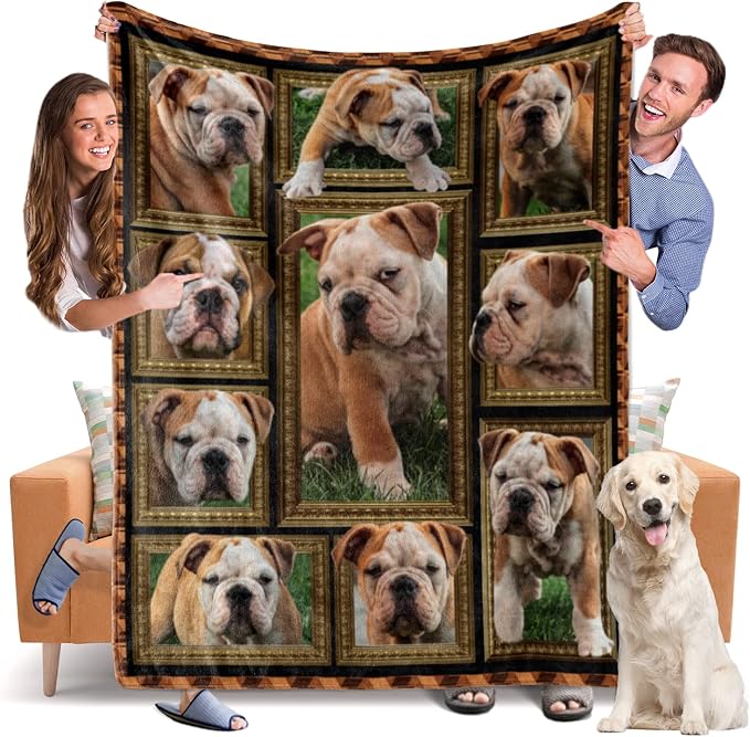 Throw Blanket English Bulldog Dog Blankets Fuzzy Fleece Soft Blanket Cozy Warm Travel Blanket for Couch Sofa or Bed, Dogs Lover Gift, 60 x 80 Inch