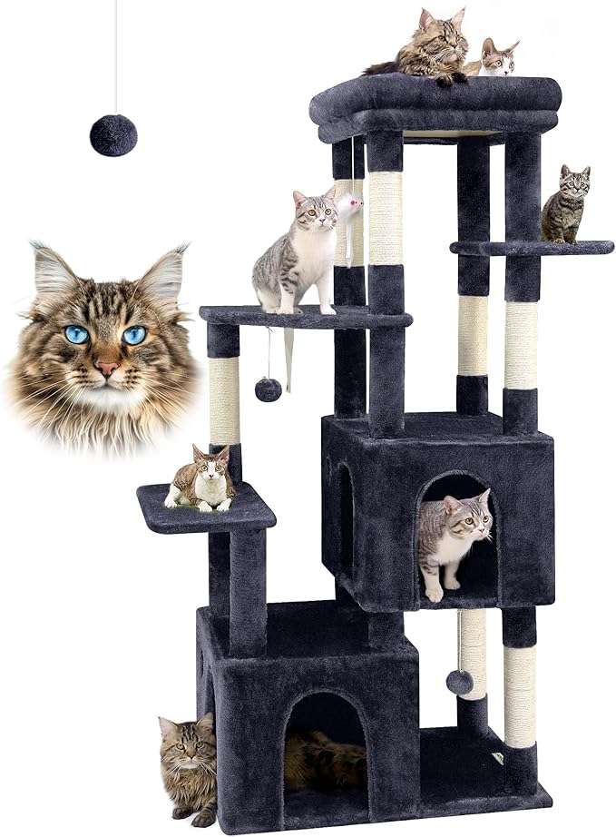 COMPREHENSIVE DESIGN - The 61-inch cat tree is crafted to cater to the diverse needs of large adult cats. With multiple levels and features, offers a vertical space for climbing, lounging platforms for relaxation, and interactive toys.
EXTRA-LARGE TOP PERCH - This large cat tower with a large size 17.7"x 15.7" top perch serves as a versatile platform that is suitable for big fat cats or multiple kittens. Providing a prime spot for relaxation and observation.
SPACIOUS CAT CONDOS - The two generously sized cat condos for indoor large cats measuring 17.7"x 15.7"x 13.8" each provide cozy retreats. Isn't one enough? There are two on this cat tree. Ideal for adult cats to seek a quiet spot to rest or observe their surroundings.
CAT TOWER WITH SCRATCHING POST - The inclusion of seven natural sisal scratching posts not only promotes healthy scratching behavior but also helps maintain your cat's claws and protect your furniture.
ENTERTAINMENT TOYS INCLUDED - In addition to the base functional aspects of the cat tree, the hanging mouse toys and dangling balls, enrich their daily routine.