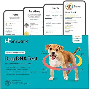 ACTIONABLE HEALTH INSIGHTS: Test for over 270 genetic health conditions and get actionable insights to help you give your pup the best care possible. Knowing if your dog is at higher risk for certain health conditions means you can intervene earlier and work with your veterinarian to create a personalized care plan. After receiving their test results, 37% of dog owners changed how they care for their dog.
MOST ACCURATE BREED IDENTIFICATION: Test for over 350 dog breeds including dingoes, coyotes, wolves, and village dogs. Using a research-grade genotyping platform developed in partnership with Cornell University of Veterinary Medicine, Embark offers the most accurate breed breakdown on the market.
TRAIT INSIGHTS THAT HELP YOU BE MORE PREPARED: Test for 55 physical traits. Size, coat, grooming needs — your dog's traits don't just make them adorable! Knowing their characteristics in advance, from how big your dog will become to how much they will shed, makes you a more informed and empowered pet owner.
WORLD'S FIRST CANINE RELATIVE FINDER: Find and connect with your dog's relatives. Uses patented technology to find your dog's family members based on their shared DNA. Nearly one million messages exchanged for countless happy reunions.
EXCELLENT SERVICE & FAST RESULTS: Have a question about your results? Just talk to one of our dedicated vets or geneticists — they’re ready with the answer. Embark generally delivers results in 2-4 weeks and keep you updated every step of the way.