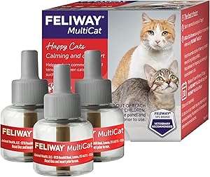 FELIWAY MultiCat, developed by the #1 vet recommended brand, mimics a mother cat’s natural pheromones to help reduce common signs of tension between cats such as: conflict, fighting, chasing, and blocking.
FELIWAY MultiCat is drug-free and non-sedating.
84% of cat owners saw significant improvement in conflict between cats when using FELIWAY MultiCat.
FELIWAY is supported by over 25 years of feline stress expertise and scientific research.
The diffuser continuously releases a calming pheromone analog for up to 30 days, to help comfort your cat. Simply plug into an open outlet with 4+ feet of space to diffuse, with vents pointed upright.
Safe to use - while pheromone analogs may help your cat, they won’t affect humans or other pets.
Make sure to only use a FELIWAY Diffuser with a FELIWAY MultiCat Refill (they are not compatible with other brands). To maximize effectiveness, use one diffuser per 700 sqft, replace the vial once a month, and the diffuser every 6 months.