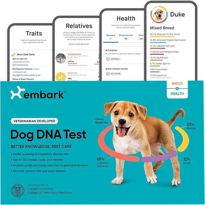 ACTIONABLE HEALTH INSIGHTS: Test for over 270 genetic health conditions and get actionable insights to help you give your pup the best care possible. Knowing if your dog is at higher risk for certain health conditions means you can intervene earlier and work with your veterinarian to create a personalized care plan. After receiving their test results, 37% of dog owners changed how they care for their dog.
MOST ACCURATE BREED IDENTIFICATION: Test for over 350 dog breeds including dingoes, coyotes, wolves, and village dogs. Using a research-grade genotyping platform developed in partnership with Cornell University of Veterinary Medicine, Embark offers the most accurate breed breakdown on the market.
TRAIT INSIGHTS THAT HELP YOU BE MORE PREPARED: Test for 55 physical traits. Size, coat, grooming needs — your dog's traits don't just make them adorable! Knowing their characteristics in advance, from how big your dog will become to how much they will shed, makes you a more informed and empowered pet owner.
WORLD'S FIRST CANINE RELATIVE FINDER: Find and connect with your dog's relatives. Uses patented technology to find your dog's family members based on their shared DNA. Nearly one million messages exchanged for countless happy reunions.
EXCELLENT SERVICE & FAST RESULTS: Have a question about your results? Just talk to one of our dedicated vets or geneticists — they’re ready with the answer. Embark generally delivers results in 2-4 weeks and keep you updated every step of the way.