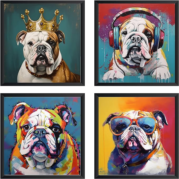 Bulldog Dog Art Print Poster, Wall art Painting Decor, Puppy Pop Art Home Decor Artwork For Bedroom Living Room Bathroom Decor, Puppies Colorful Photo (Bulldog (Set of 4), 11x11 inches (Unframed))