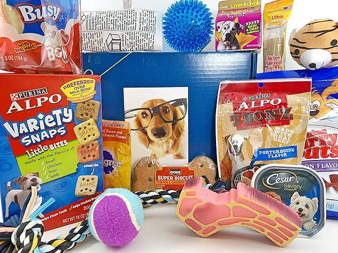 out this item
Be sure to check "THIS ORDER CONTAINS A GIFT" so that you can write a FREE message
15 Items in Each Box: Alpo Variety Little Bite-Sized Snaps Treats, Hollywood Stars Liver Flavor Treats, Rope Toy (Various Styles / Colors), Tennis Ball (Various Colors), Squeaky Toy (Various "Foods"), Ultra Chewy Double Treat Bone, Canine Carry Outs Bacon Flavor Treats, Alpo TBONZ Porterhouse Flavor Dog Treats, and a Plush Animal Toy (Assorted Animals/Figurines)
Also Included: Newspaper Dog Toy, Medium Squeaker Ball (Assorted Colors), Pedigree Chopped Ground Dinner Packet - Assorted Flavors, Busy Bones (4 Mini Chewbones), Cesar Canine Cuisine - Assorted Flavors, and Bone-Shaped Pumpkin Flavor Biscuit
All packed in a blue glossy, sturdy gift box (no cheap basket or flimsy cellophane), with a cute picture of a dog wearing glasses, tied with an elegant gold bow!