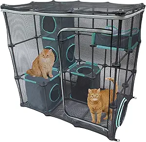 FRESH AIR FUN: Fully-enclosed playset is made of a nylon mesh – let’s in fresh air and gives you a good view of your pets at play whether it’s indoors or out! And the mesh is durable too, enough to withstand energetic play and the occasional claw climb.
SPOTS TO HIDE AND SNOOZE: Included cubby cubes are rearrangeable inside the structure, giving you plenty of ways to keep your cats engaged by mixing it up over time. Each is a perfect spot to curl up and get away from the action.
GREAT FOR MULTI-CAT HOMES: Have more than one cat at home? No problem at all! Kitty City mesh playsets offer plenty of room for several pets to run, hide and chase. It’s a relatively small footprint in your home for all the energy it will help them burn.
EASY ENTRANCE: A zip door in the side makes it easy for you to get into the Mega Kit – handy if you have a cat who’s curled up and just can’t be bothered to come out for dinner.
ENDLESSLY EXPANDABLE: Want to create a complete cat fortress? Use tunnels to zip this piece together with other Kitty City mesh playsets to make an endless number of ways to keep playtime fresh for your cat.