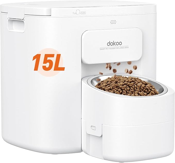 【First 15L Extra Large Capacity Auto Dog Food Feeder】The automatic dog feeder for large breed can hold up to 63 cups of food which can easily feed large dog for 15 days. Easily keep your cat or dog feed during long weekends and short business trips. Get the peace of mind of a full and happy pet.
【Never Miss A Meal, Customerized Feeding Portion】The automatic timed feeder for large dogs can schedule up to 6 meals per day with 1-20 portions per meal (1/4 cup each portion), you can easily customize your furry friend's feeding plan and record a voice message for up to 10 seconds that plays for each feeding, so your pet can feel your care even when you're at work or vacation.
【Revolutionary Automatic Evacuation, Every Meal is 100% Fresh】Dokoo's automatic dog food dispenser has unique vacuum sealing technology, creates a low-pressure, low-oxygen environment to inhibit oxidation by using a vacuum pump to pump out air and lock lid on the top, firmly locking the top of the granary, completely isolating the air and keeping every kibble fresh like just opened. The original nutritional value and crispy taste are maintained to allow fur companions to always have healthy meals.
【Relieves Dog's Spinal Burden】The large dog auto feeder with adjustable neck-friendly bowl stand that is designed for medium to large dogs. It helps your pet maintain the right eating posture, prevents slipping, digestive problems, and bloating, and eases spinal pressure, promoting spine health.
【Simple but Reliable, Easier Setup】Unlike other automatic dog feeders on the market with complicated WIFI & camera operations, Dokoo Automatic Dog Feeder makes things much easier. No need to work via WIFI or APP, you can set up the meals and portions on the screen, the auto food dispenser will work flawlessly as programmed. No hassles about WIFI or APP connection failure anymore, this large dog feeder will take good care of your fur baby. If need support, please💌via 👉service @ dokoo . net👈.
【BPA-Free Material, Dual Power Modes】Dokoo auto pet feeder is made of food grade BPA-free material, 100% safe for your furry friends. The large dog feeder is powered by 5V DC adapter or 4 alkaline D-cell batteries(not included) installed in case of power outages, ensure that your pet gets food consistently. And it's equipped with a chew-proof nylon cable that will not malfunction and cause power outages due to pet bites.
【Worry-free Purchase, 2 Years Quality Warr-anty】We are committed to providing customers with high-quality products and services. Dokoo automatic large dog feeder is backed by 30 days full re-fund/ new replace-ment, 2 years quality warr-anty. If you encounter any issues with your product, please mess-age us via Amazon 7/24 or 💌 us via 👉service 📧dokoo . net👈 and give us an opportunity to help you!