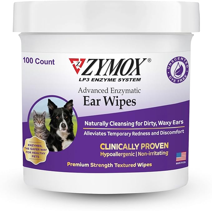 Pet King Brands dog ear cleaner wipes with ZYMOX LP3 Enzyme System to gently remove dirt and ear wax
Leaves pet's ears clean and smelling fresh - for dogs and cats of all ages, suitable for daily use
With moisturizing aloe vera to soothe temporary redness and discomfort - suitable for sensitive skin
Free from scents and dyes - gentle, no-sting formulation - veterinarian recommended
Use with or after a completed course of ZYMOX Ear Solution to manage very dirty, waxy or smelly ears