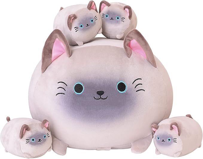 SQEQE Siamese Cat Plush, Cute Siamese Cat Stuffed Animals Mommy with 4 Squishy Kitties in her Tummy, Soft Siamese Cat Plushies Pillow Gifts for Kids