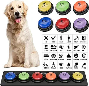 【Pet Training Buzzer】Talking dog buttons record commands such as 'food', 'eat', 'drink', 'play', 'yes', 'no', etc. Let your pet communicate with you; with a little patience, you can get inside your pet's head. The dog talk button set is suitable for all kinds of small dogs (22 lbs, up to 15.7 inches), medium dogs (22-66 lbs, 16.1-23.6 inches), large dogs (over 66 lbs, over 23.6 inches) and more.
【Pet Starter Set】Dog speaking buttons set contains 6 buttons for your dog to press to communicate, 1 dog button mat, 24 scene stickers, the pet button set comes in 6 different bright colours including dark blue, red, yellow, orange, green and purple, enough for your daily use and can be changed and shared when needed, making it the ideal pet communication talk toy.
【Dog Communication Buttons Mat】Dog word buttons training mat is made of high quality rubber, super sturdy. Dog button mat has 3.1" diameter printed circles, which are placements for up to 6 dog buttons. Waterproof dogs mat help to keep your pet buttons organized, and you can also randomly place buttons to develop new games for your pet. The activity mat can also be used for cat buzzing and other applications.
【Recordable Buttons for Dogs】Acools dog button has a built-in metal 3.9 ohm speaker for louder and clearer playback volume. Simply press and hold the (REC) button to use, start recording when you hear a "beep", release the REC button when recording is complete and you can hear a "beep" sound, click the button and hear your recorded voice. The recording time is over 30 seconds long and the dog talk button is powered by 2 AAA batteries (not included).
【High Quality, Multi-Functional】Dog speech training buttons are made of high quality ABS plastic with a reinforced finish that helps withstand pets tapping and stomping during use. The dog communication buttons are not only suitable for pet training, but also can be applied to entertainment interaction, pranks, desktop gadgets, messages, etc.