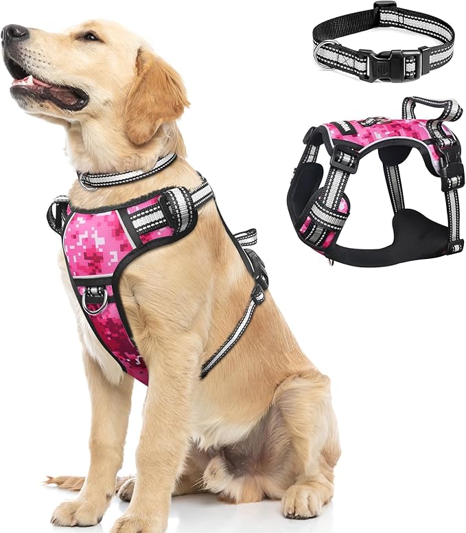 WINSEE Dog Harness No Pull, Pet Harnesses with Dog Collar, Adjustable Reflective Oxford Outdoor Vest, Front/Back Leash Clips for Small, Medium, Large, Extra Large Dogs, Easy Control Handle for Walking