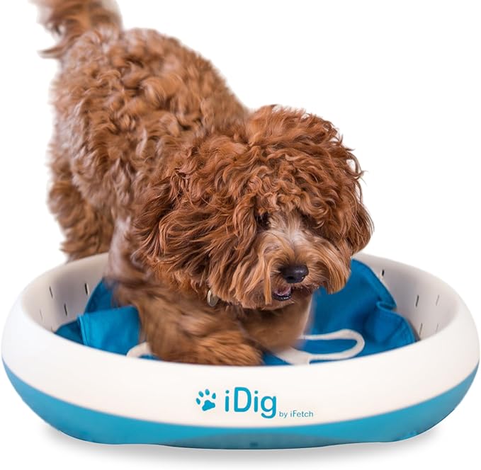 DOG DIGGING PIT: Save your couch cushions and outdoor garden, and let your dogs dig to their hearts' content with our iDig Stay dog puzzle feeder mat. Our dog digging puzzles are great for cutting down on boredom and stimulating your dog's brain by providing a positive outlet for their natural digging behavior
VERSATILE DIGGING CHALLENGES: Load the flaps of the dog brain game with your pup's favorite treats and toys, and encourage them to dig away for the treasure! This pet feeding mat comes with 3 flaps which attach to the side of the base, and the different flap designs provide varying levels of digging challenges
STIMULATE YOUR DOG'S MIND: Our dog sniffing mats provide an excellent way to stimulate your dog or puppy's brain; the mental energy it takes to uncover the "loot" will tire them out just as much as physically digging
BUILT FOR ALL DOGS: This dog toy is built with a strong and sturdy plastic base, making this hide and seek dog toy ideal for all types of dogs
EASY TO CLEAN: The flaps for our dog games are machine washable, and the fabric base can be easily wiped clean