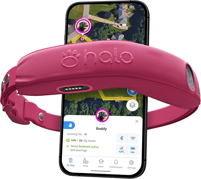 KEEP YOUR DOG SAFE EVERYWHERE: The Halo Collar 4 keeps your dog safely inside the boundaries that you create with one tap in the app and prevents them from leaving. See up-to-date, real-time location tracking that lets you know exactly where your pup is at all times. Halo also has activity tracking, instant recall and much more.
GPS COVERAGE: The all-new, redesigned Halo Collar 4 is the first & only GPS dog fence collar with dual-frequency GPS, which combines L1 and L5 GPS bands for accurate locations that aren't impacted by obstacles even in urban or bad signal areas.
FITS BIG & SMALL DOGS: New small and lightweight design. Made for dogs 10 lbs and up and 5 months and older. Adjustable collar allows for custom fit to your dog’s exact neck size, from 8 inches to 30.5 inches.
30+ HOUR BATTERY LIFE: 25% more battery life for 30 hours (or more) between charges. Plus, more rugged, with improved waterproofing, better wireless performance, a louder speaker, stronger vibrate, & improved static.
EASY SETUP & TRAINING: Download the app to create & store GPS fences. Simple lessons guide you step-by-step and live 1:1 help from customer service is also available. Your dog will learn how respond to their Halo Fence's anywhere you set one up.
SUBSCRIPTION REQUIRED: Your collar needs GPS services and cellular data to create, edit, and use wireless dog fences. Pack Membership Plans start at $9.99 per month and you select one after purchase.